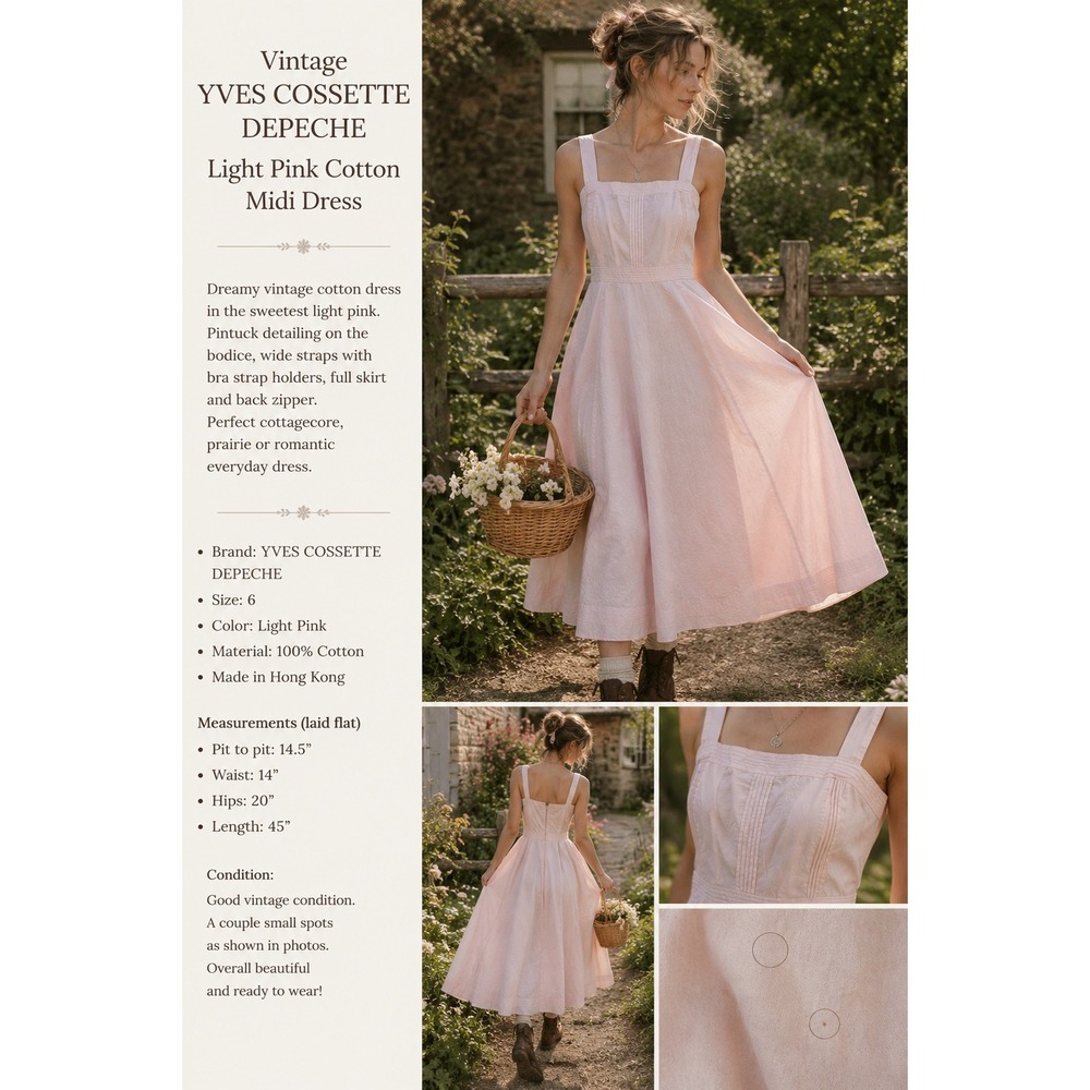 Yves Cossette Depeche Mode Vintage Pink Cotton Pintuck Midi Dress Womens 6‎